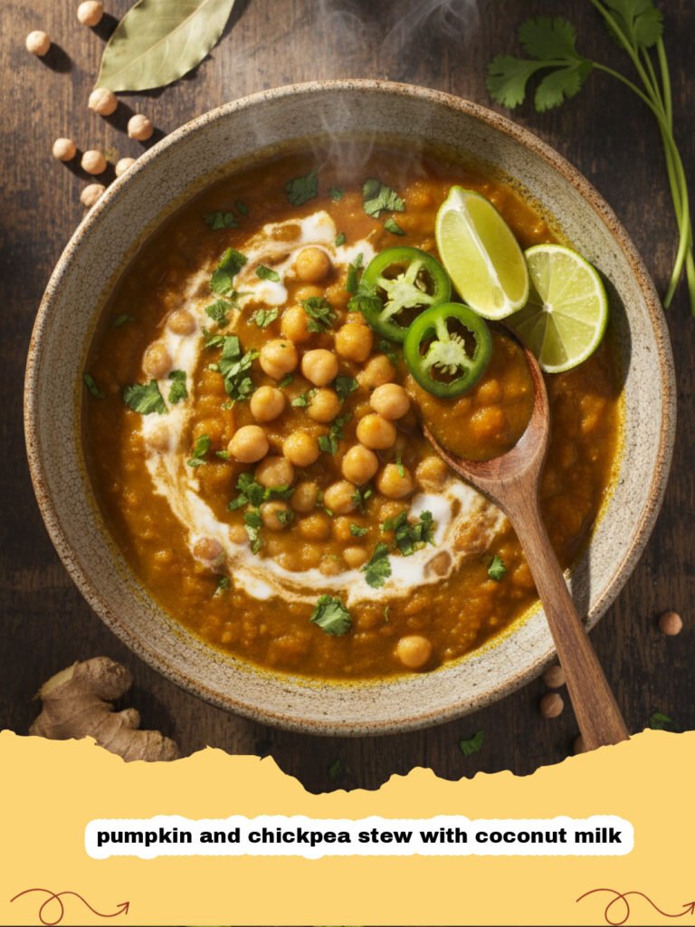 A golden bowl of pumpkin and chickpea stew with coconut milk garnished with cilantro and lime.