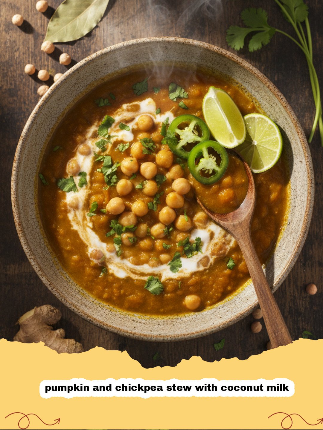 A golden bowl of pumpkin and chickpea stew with coconut milk garnished with cilantro and lime.