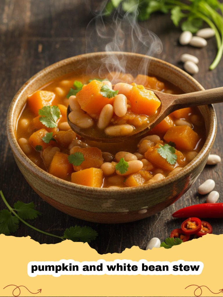 A bowl of vibrant orange pumpkin and white bean stew topped with fresh parsley and served with crusty bread.