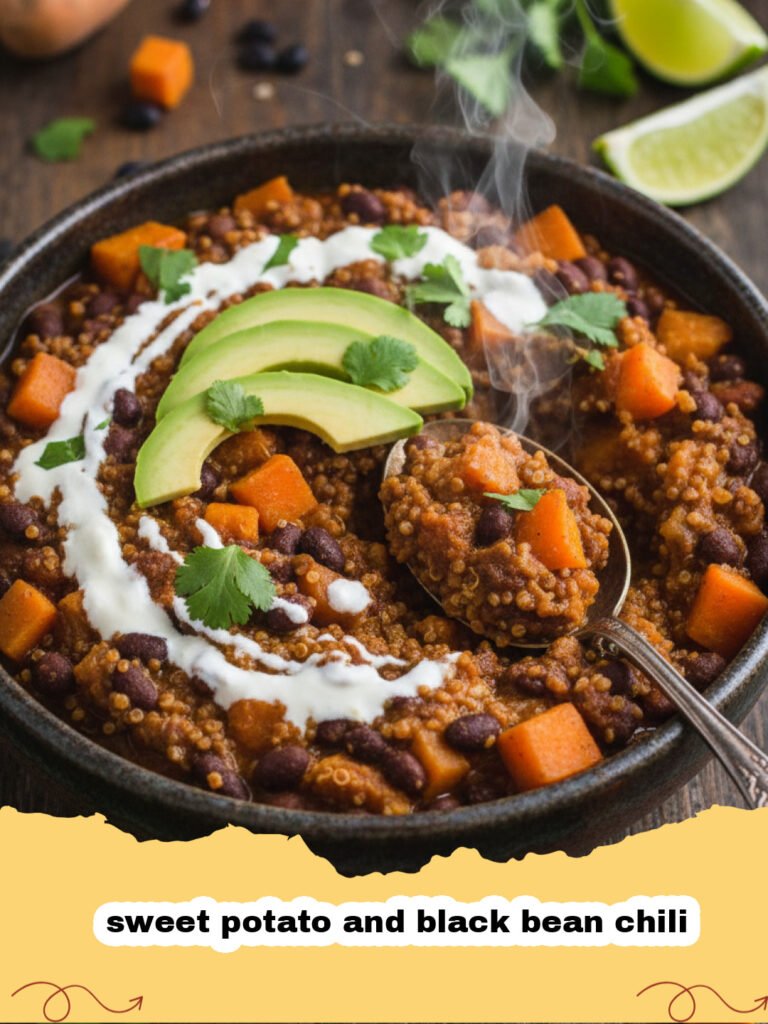 A bowl of hearty sweet potato and black bean chili topped with avocado and cilantro.
