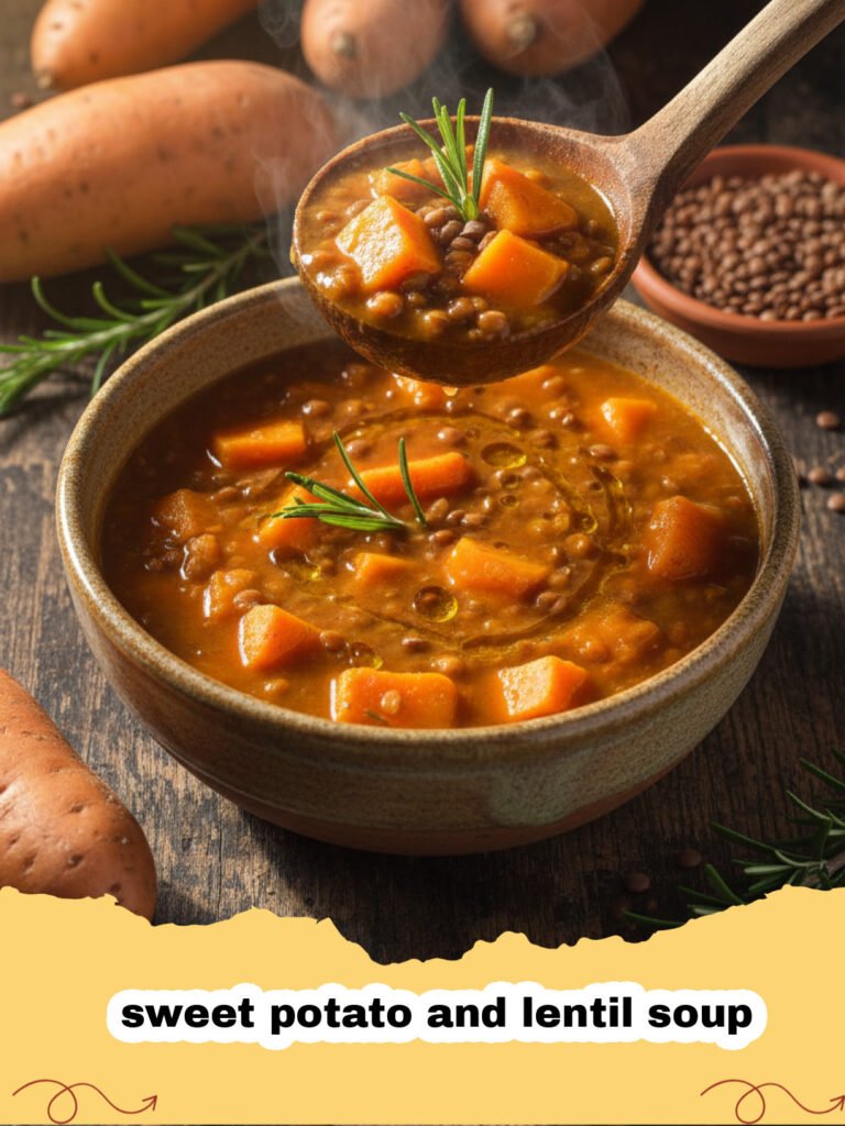 A steaming bowl of vibrant orange sweet potato and lentil soup garnished with herbs.