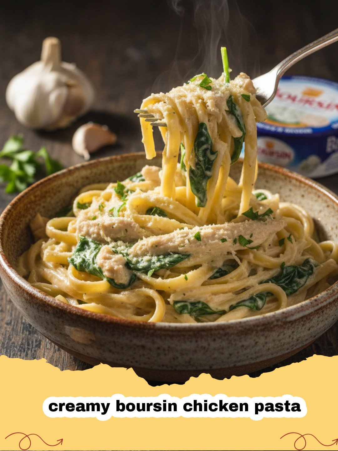 A close-up shot of creamy boursin chicken pasta with golden chicken pieces and fresh parsley garnish.