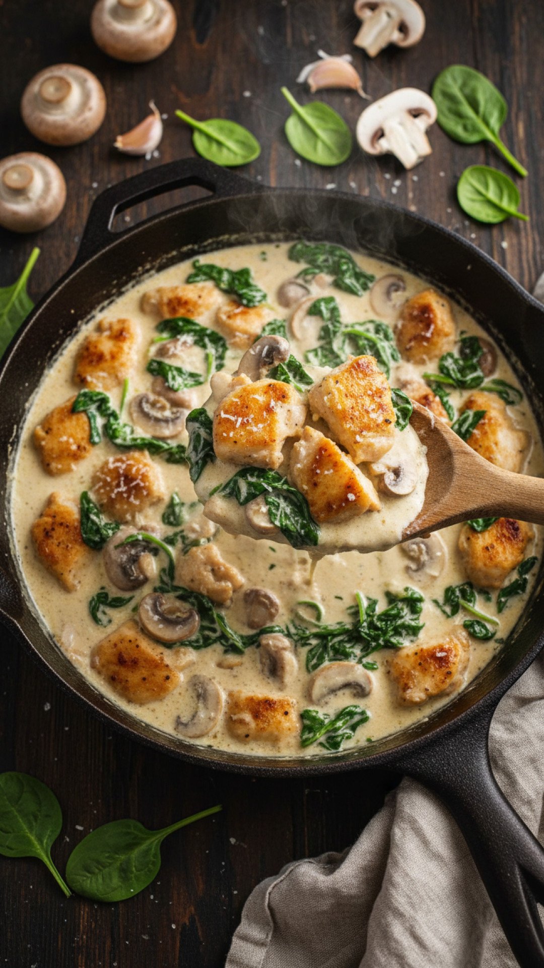 Creamy Chicken Mushroom Spinach Skillet Preparation