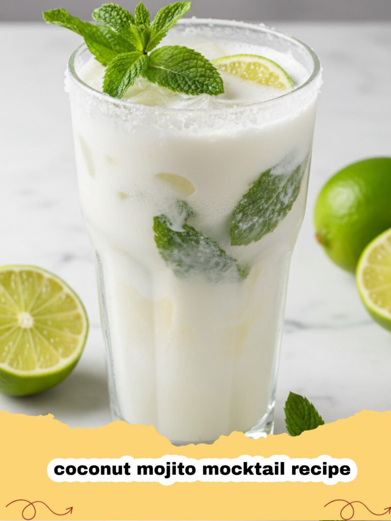 coconut mojito mocktail recipe - A tall glass of creamy coconut mojito mocktail garnished with mint and lime on a tropical background