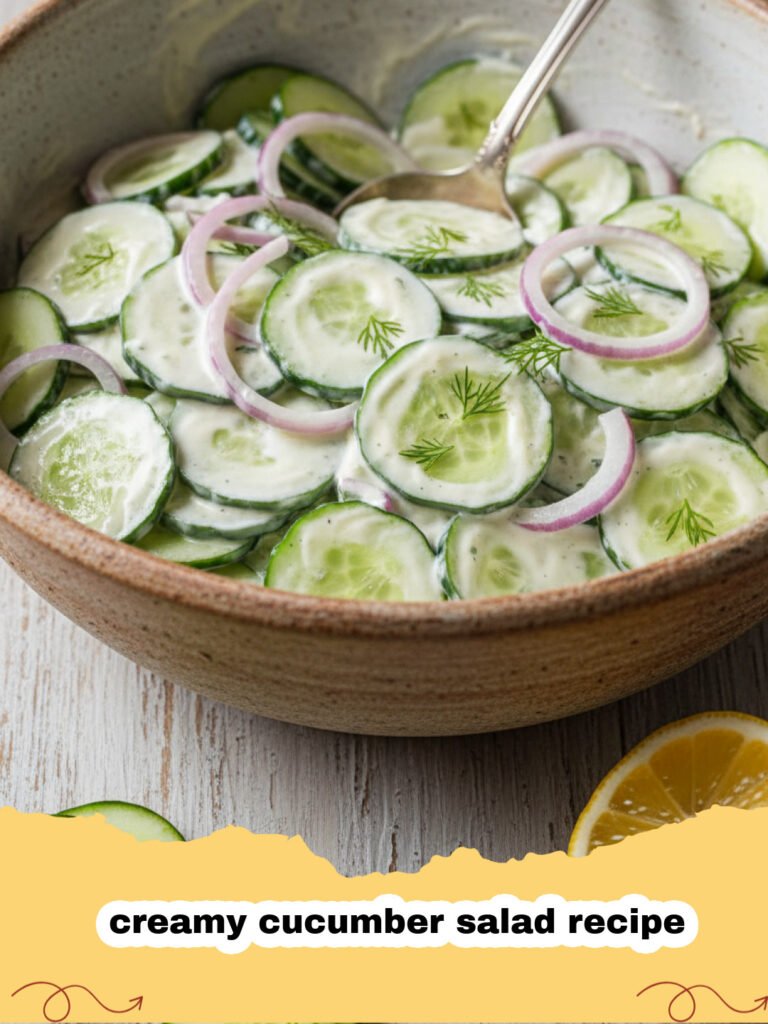 creamy cucumber salad recipe - A bowl of creamy cucumber salad with fresh dill and red onions.