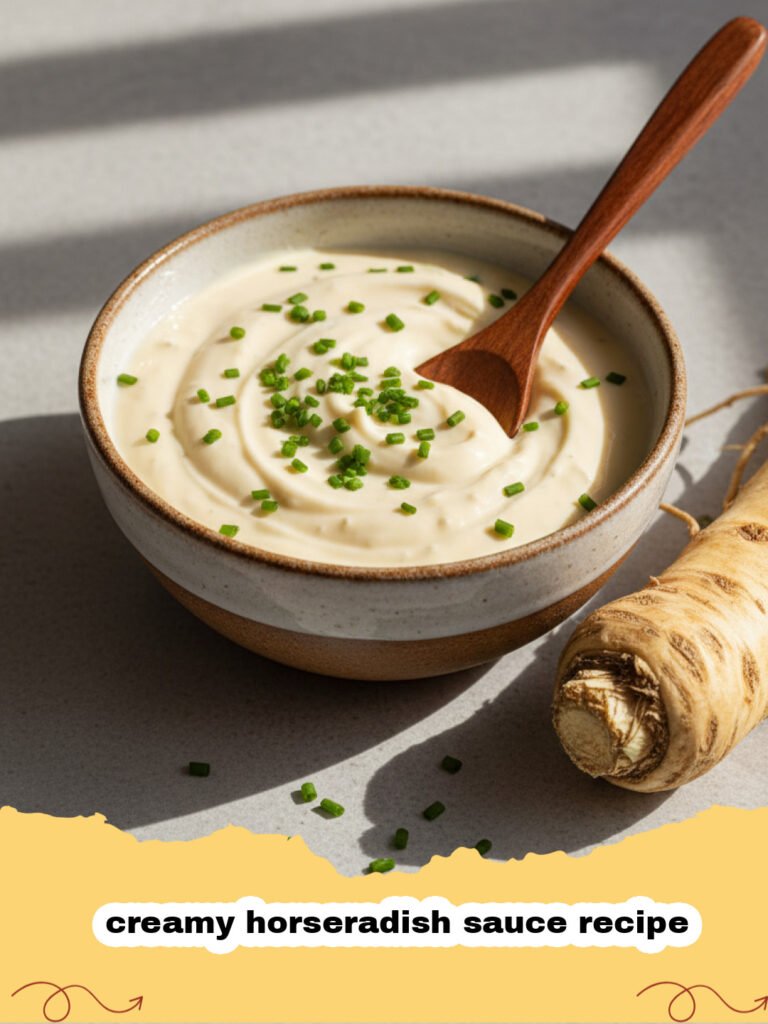creamy horseradish sauce recipe - A bowl of creamy horseradish sauce garnished with chives next to a slice of roast beef.