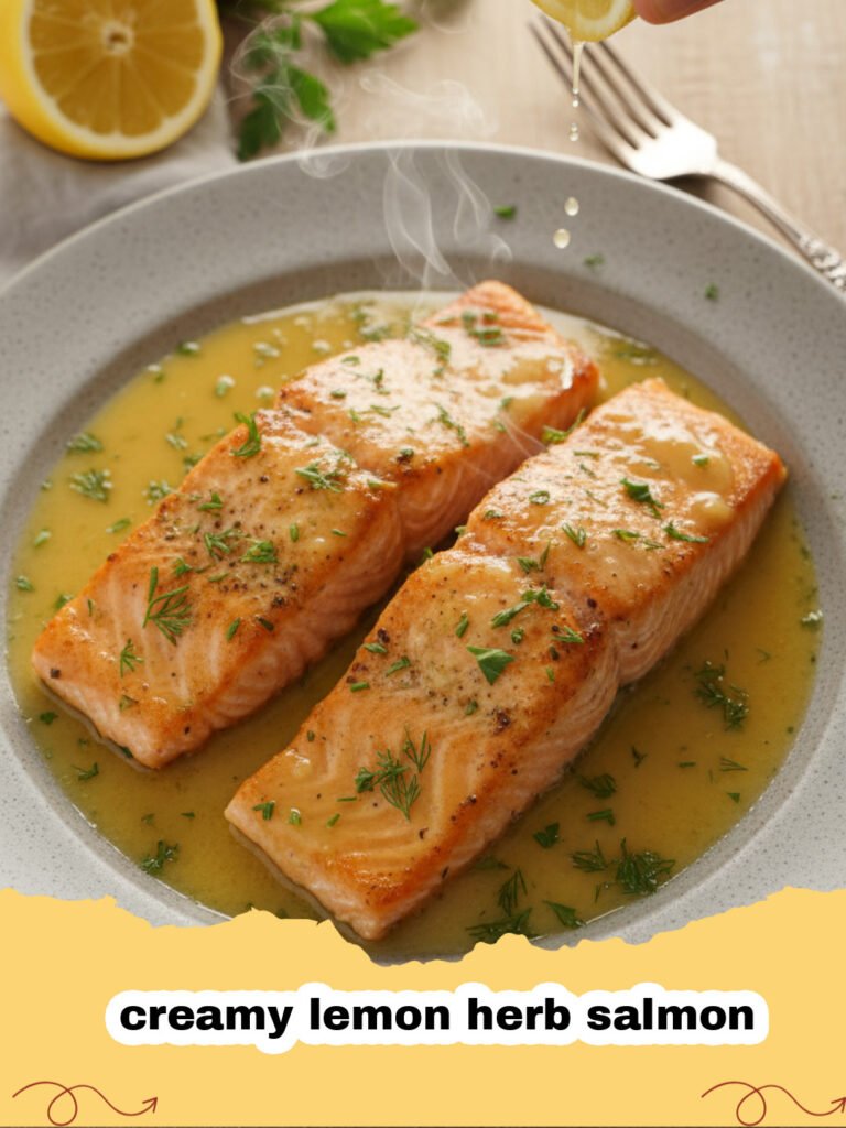 A close-up shot of pan-seared creamy lemon herb salmon garnished with fresh dill and lemon slices in a skillet.