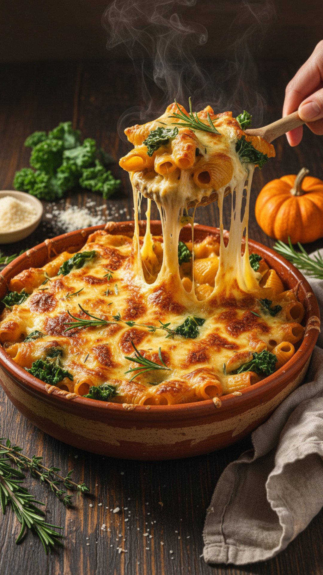 Creamy Pumpkin and Kale Pasta Bake Preparation