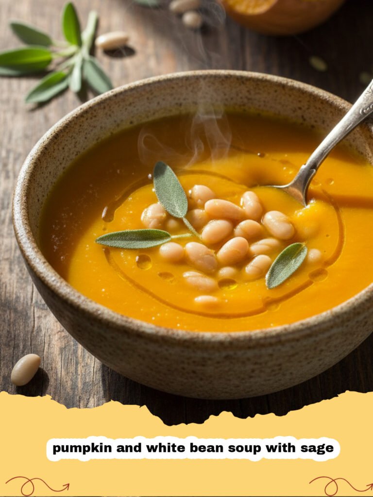 pumpkin and white bean soup with sage - A bowl of creamy orange pumpkin and white bean soup topped with fried sage leaves and seeds.