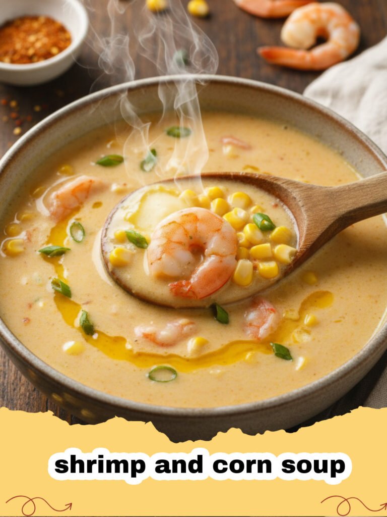 A bowl of creamy shrimp and corn soup topped with fresh chives and smoked paprika.