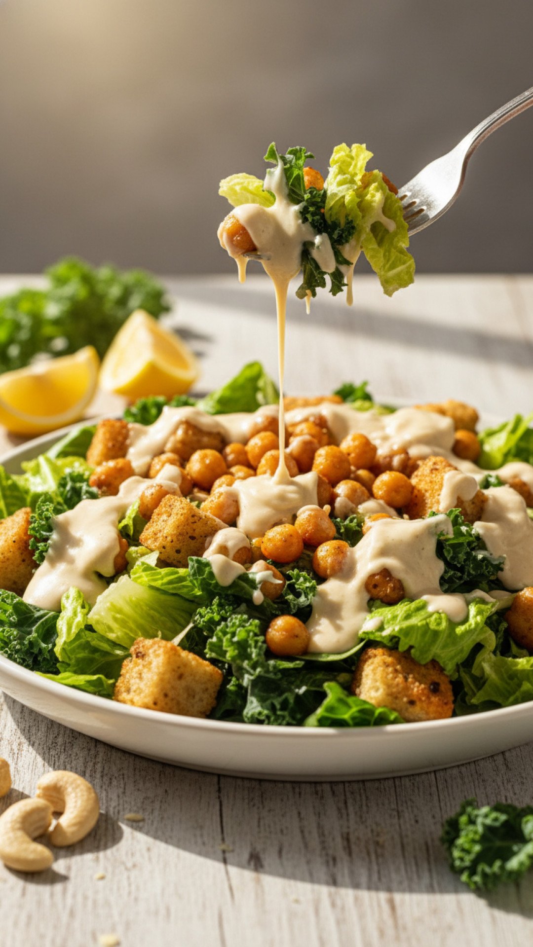Crispy Chickpea Vegan Caesar Salad Preparation
