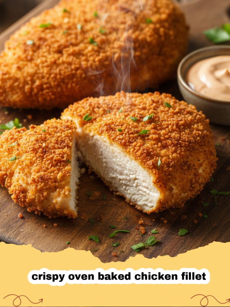 Golden brown crispy oven baked chicken fillet on a wire rack