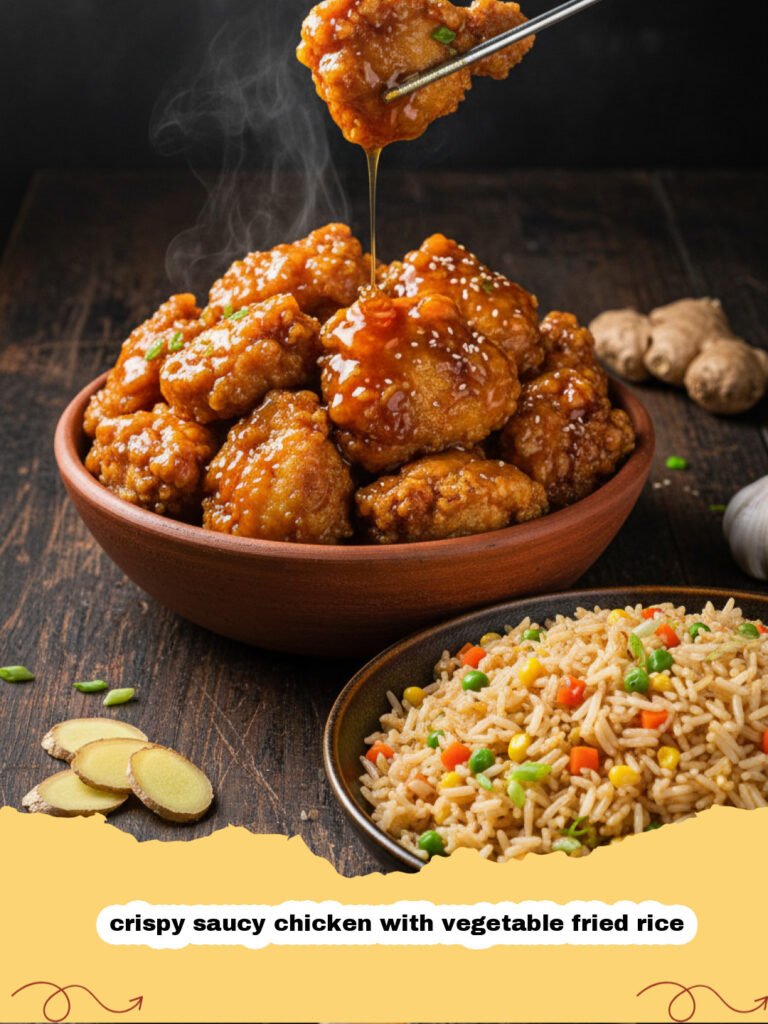 crispy saucy chicken with vegetable fried rice - A plate of crispy saucy chicken glazed in a dark sauce served on top of vegetable fried rice with green peas and carrots.