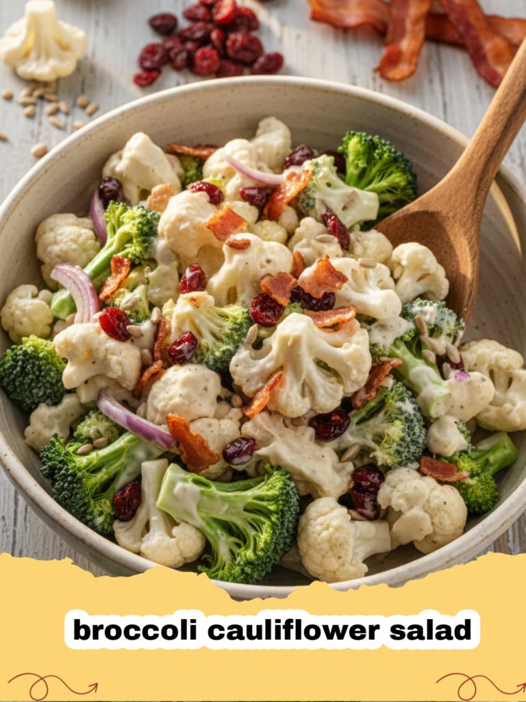 A large glass bowl filled with colorful broccoli cauliflower salad featuring green broccoli, white cauliflower, red onions, and yellow cheese.