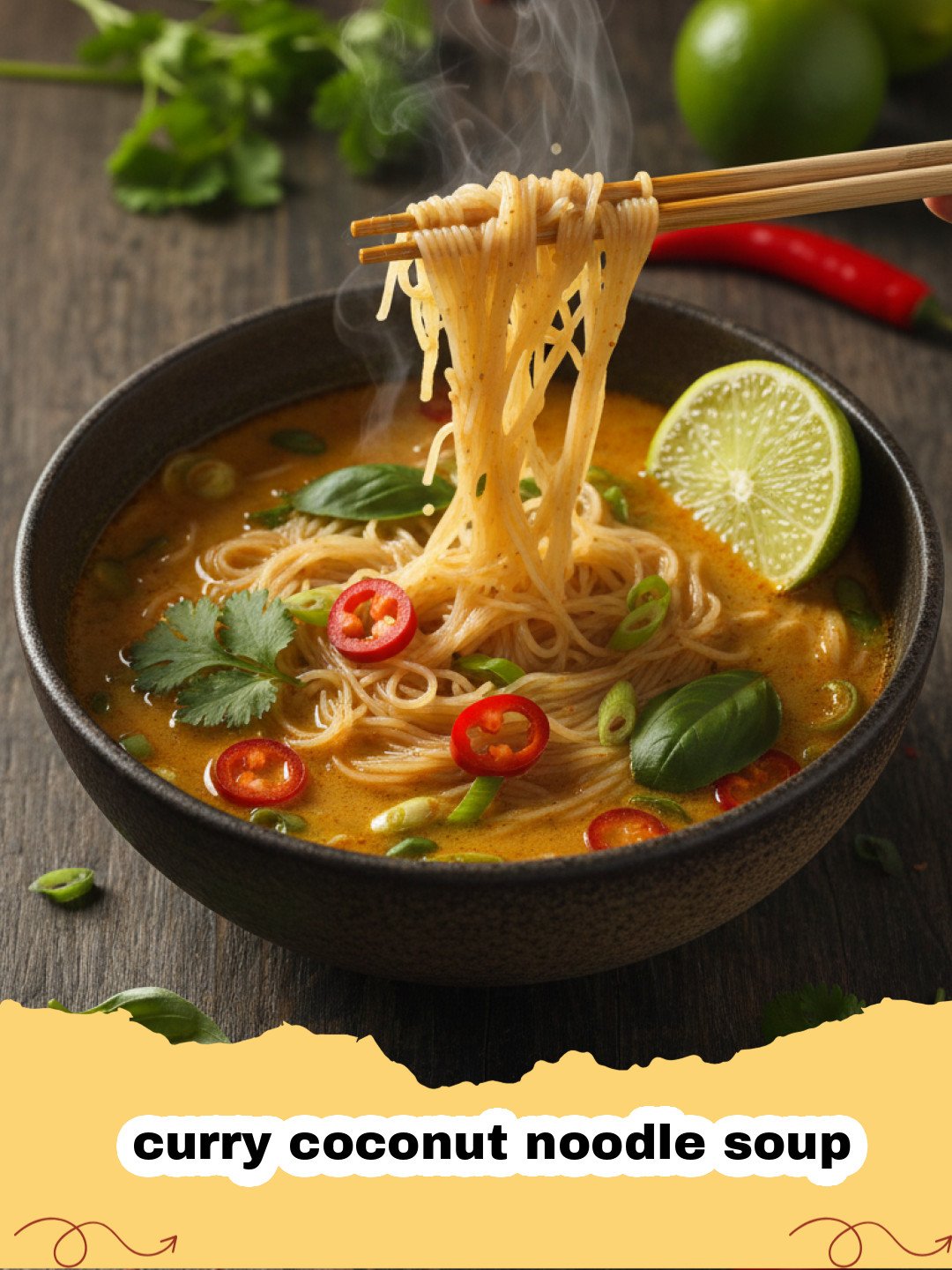 A steaming bowl of curry coconut noodle soup with lime and cilantro garnish
