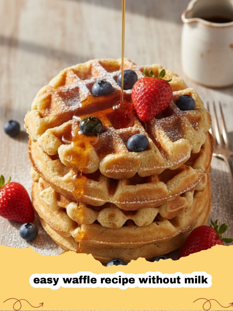 easy waffle recipe without milk - A stack of golden brown crispy waffles on a white plate without milk