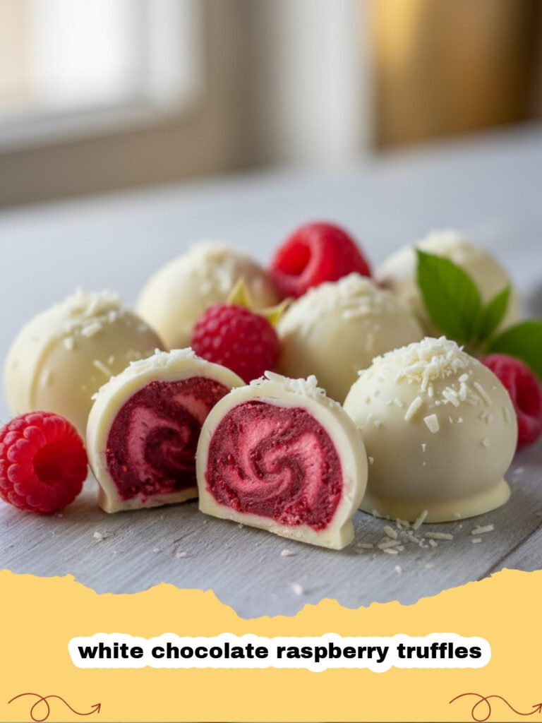 A close up of pink white chocolate raspberry truffles dusted with raspberry powder on a white plate.