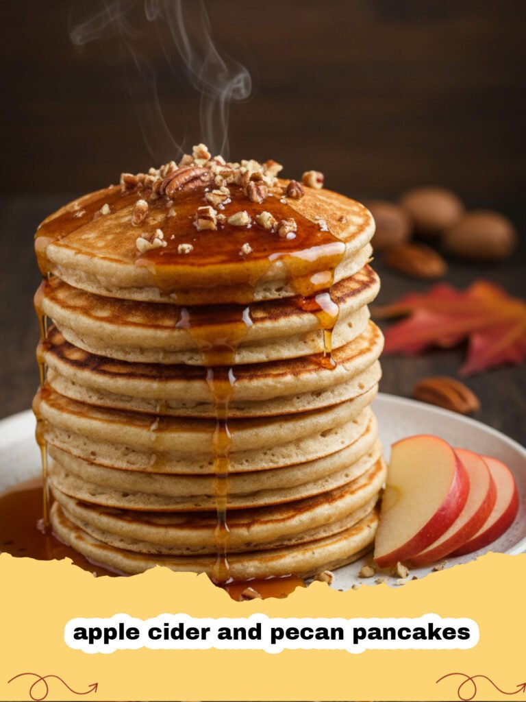 A stack of fluffy apple cider and pecan pancakes topped with syrup and nuts.