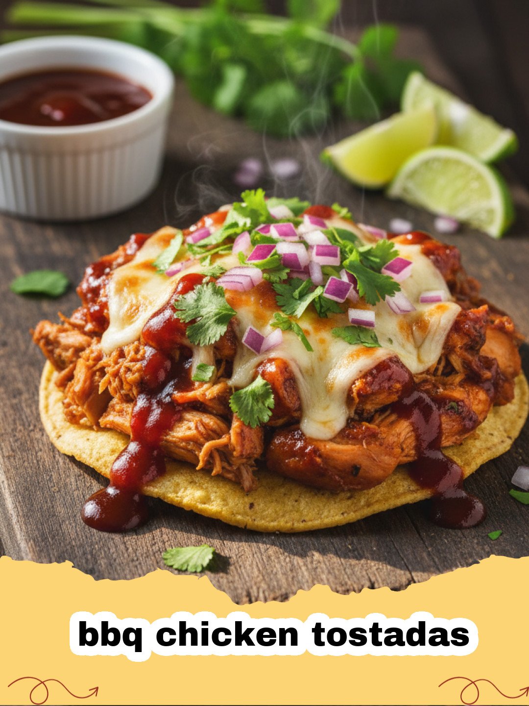 A plate of three bbq chicken tostadas topped with lettuce, onion, and a drizzle of cream.