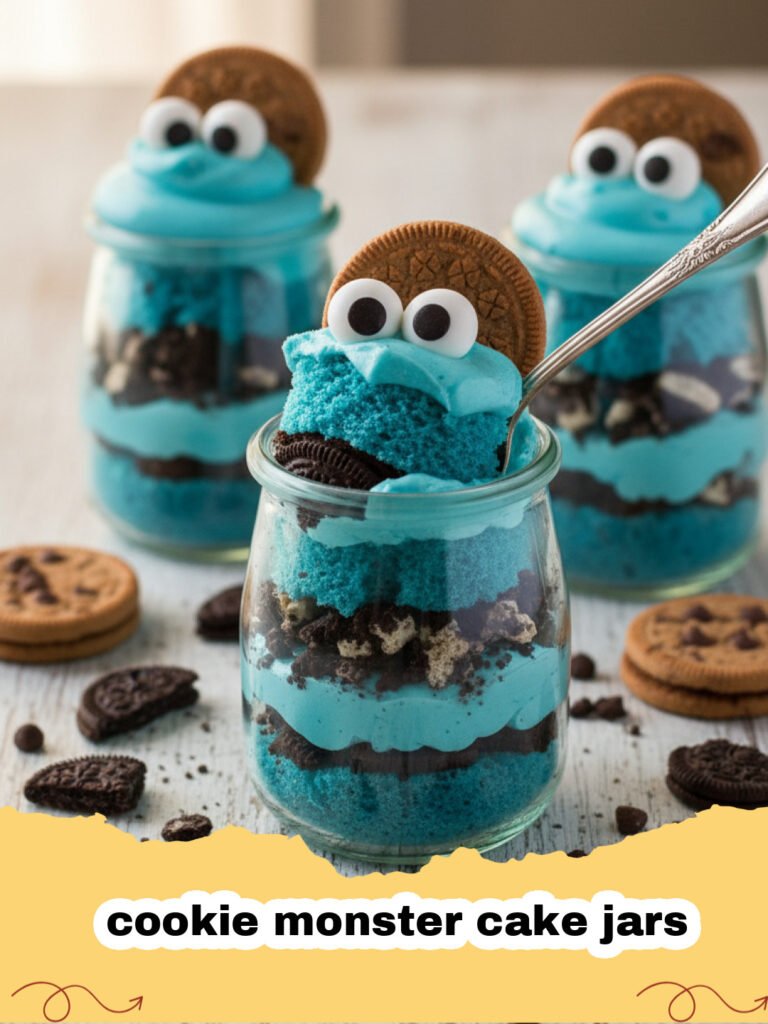 cookie monster cake jars - Close up of Cookie Monster Cake Jars layered with blue cake and cookies
