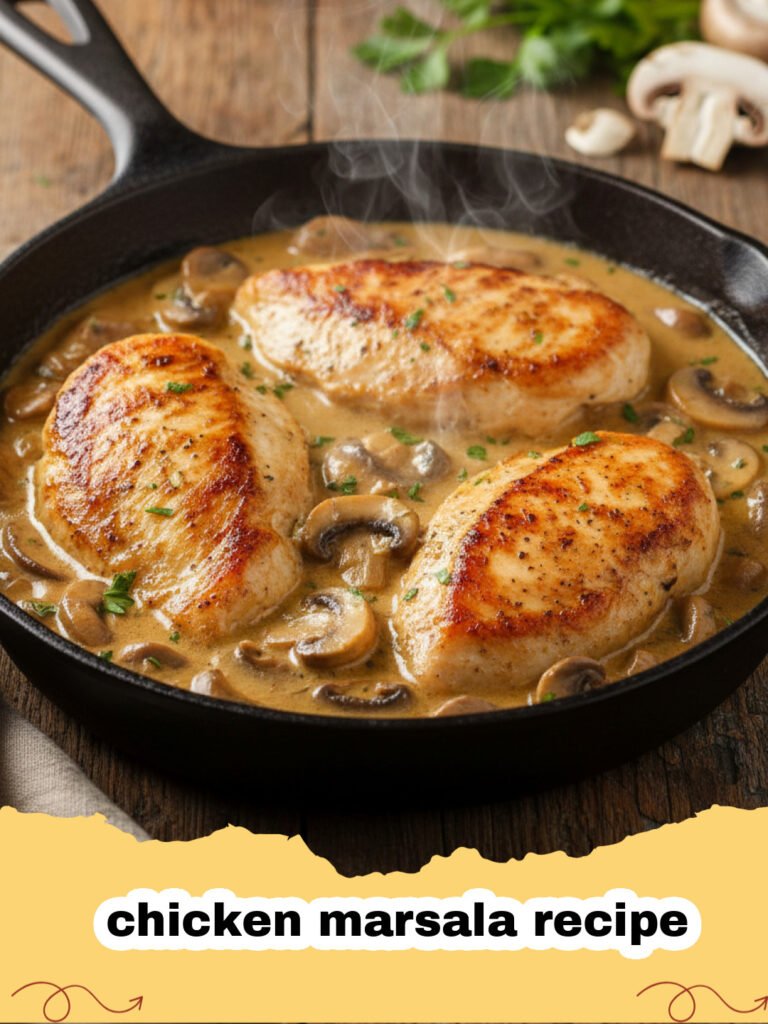 chicken marsala recipe - A close-up shot of creamy Chicken Marsala with mushrooms and parsley garnish