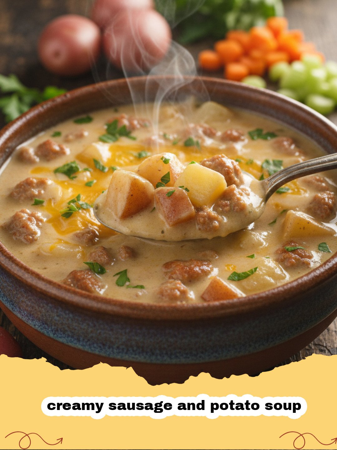 A close-up shot of a bowl of creamy sausage and potato soup with kale and red pepper flakes.