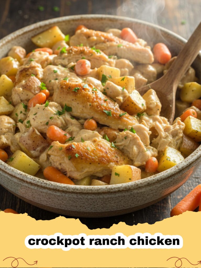 Creamy shredded crockpot ranch chicken in a slow cooker