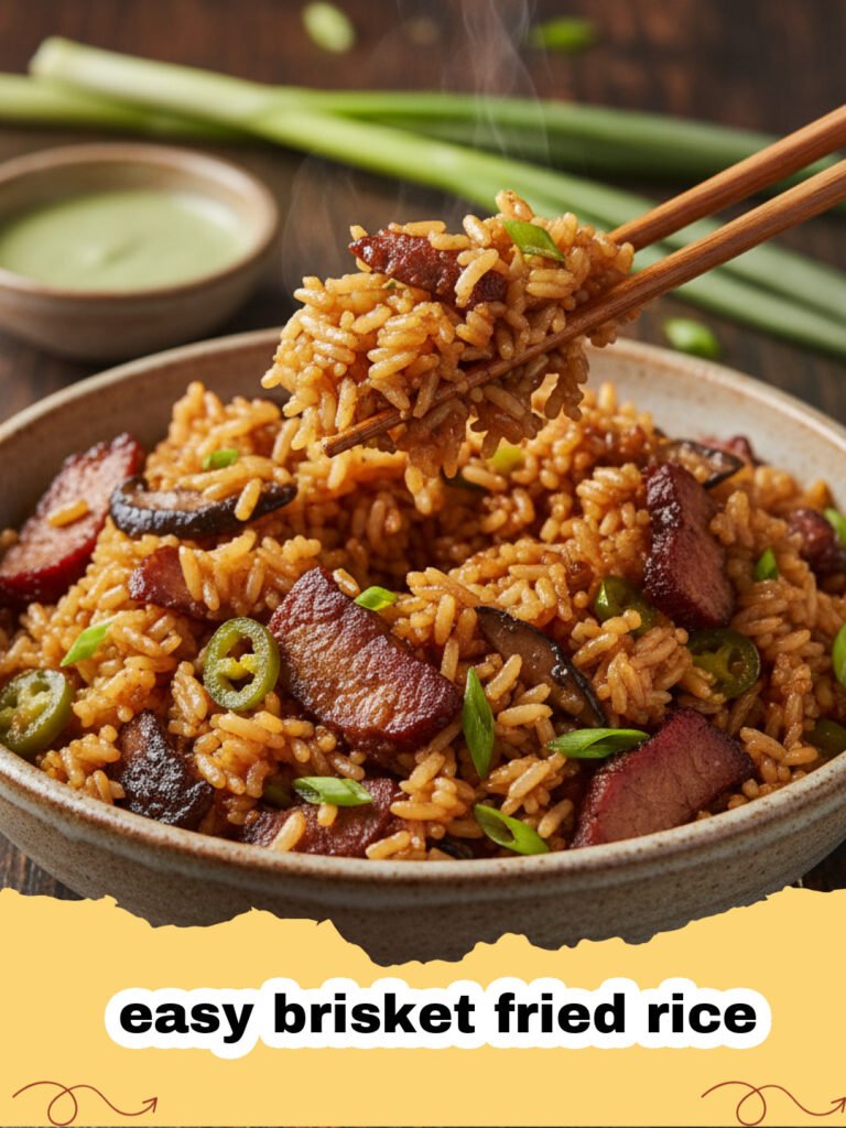A steaming bowl of easy brisket fried rice with green onions on top