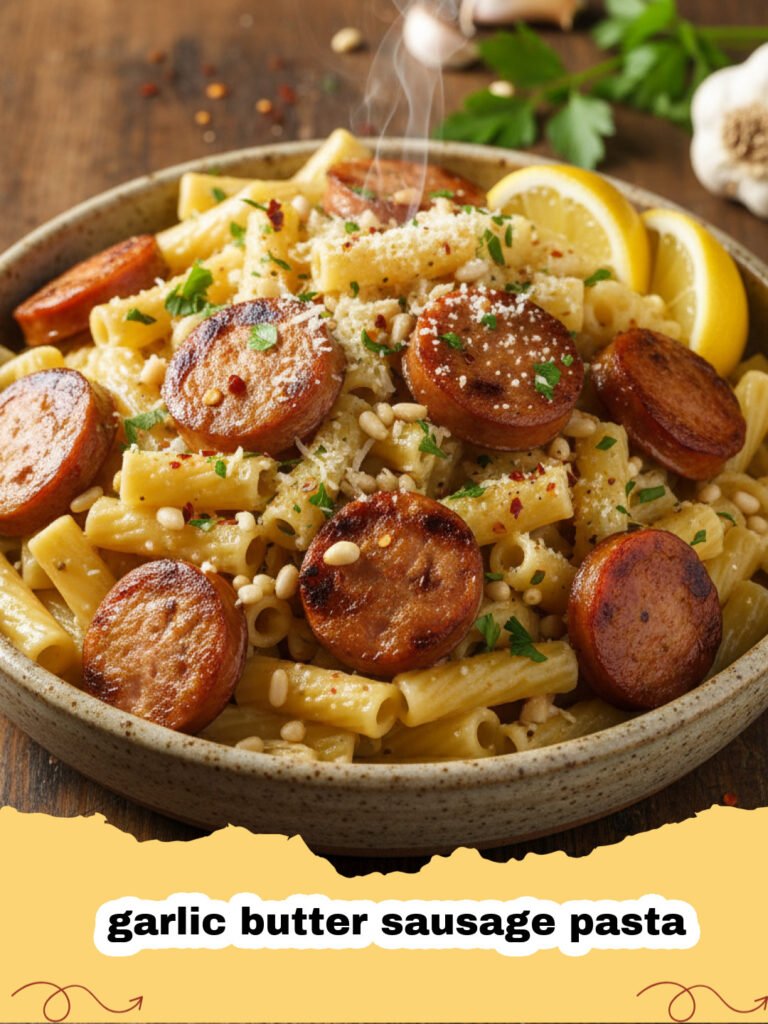 A close up shot of a bowl of garlic butter sausage pasta garnished with parsley and parmesan cheese