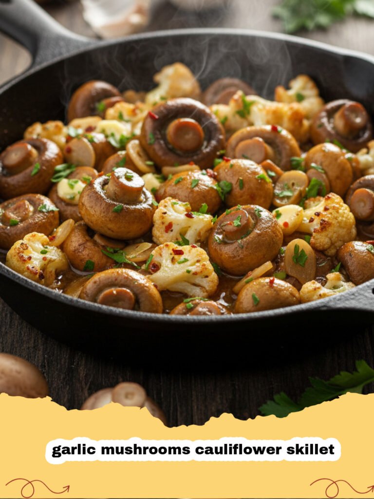 A sizzling garlic mushrooms cauliflower skillet with fresh parsley garnish.