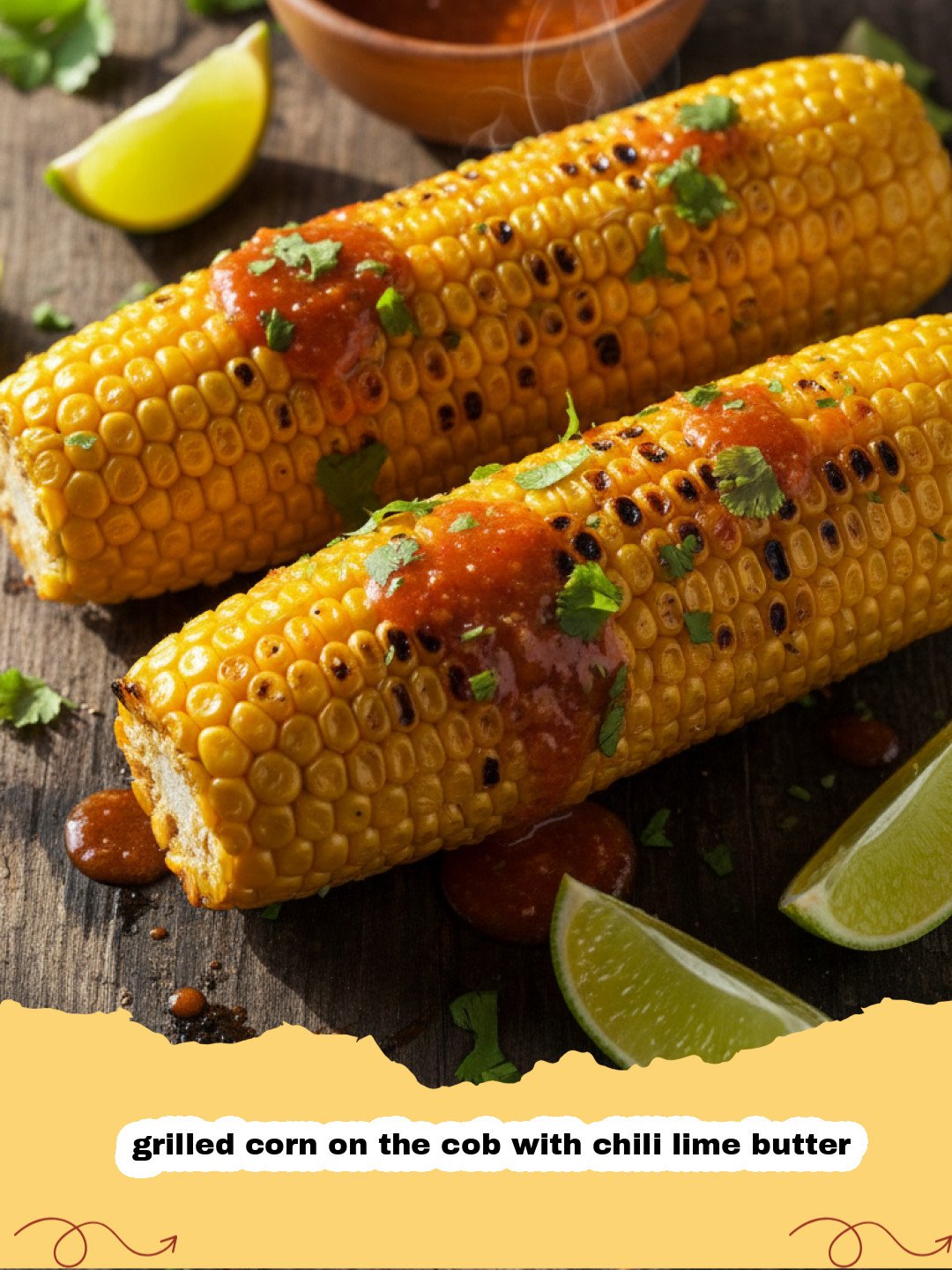 Close-up of grilled corn on the cob with chili lime butter melting over charred kernels