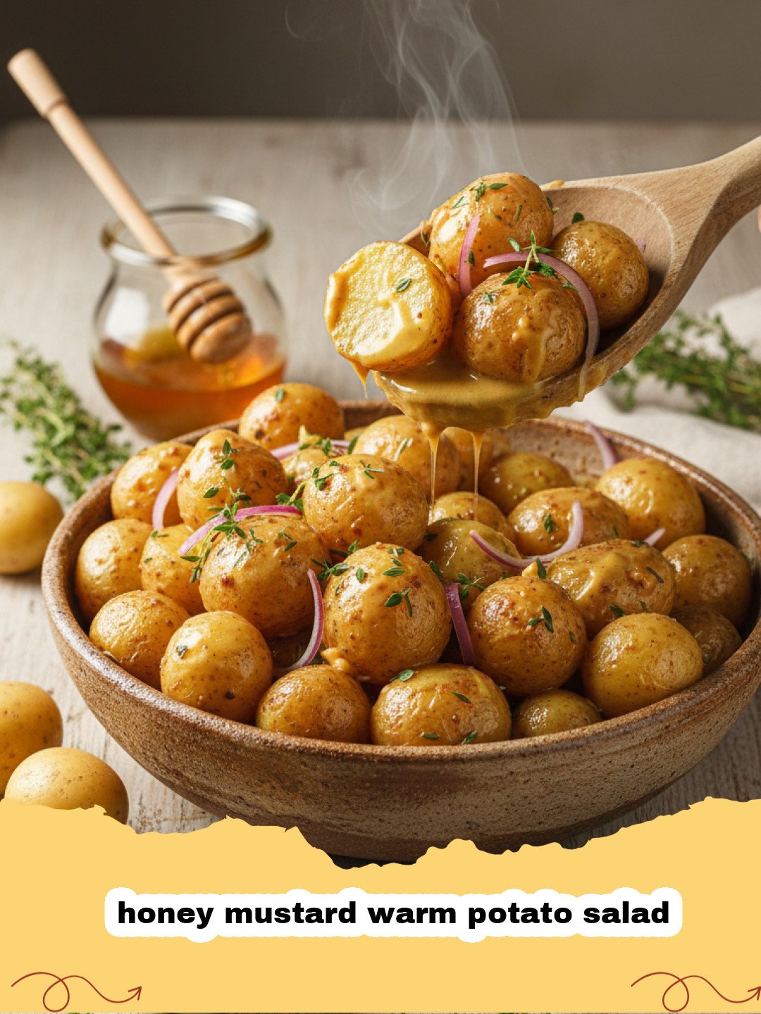 A close up shot of honey mustard warm potato salad in a ceramic bowl with fresh herbs