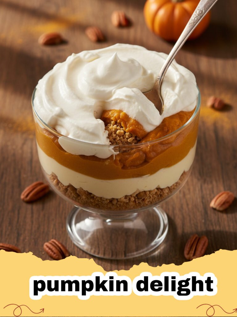 A close-up shot of a slice of layered pumpkin delight showing the pecan crust, cream cheese layer, pumpkin layer, and whipped topping.