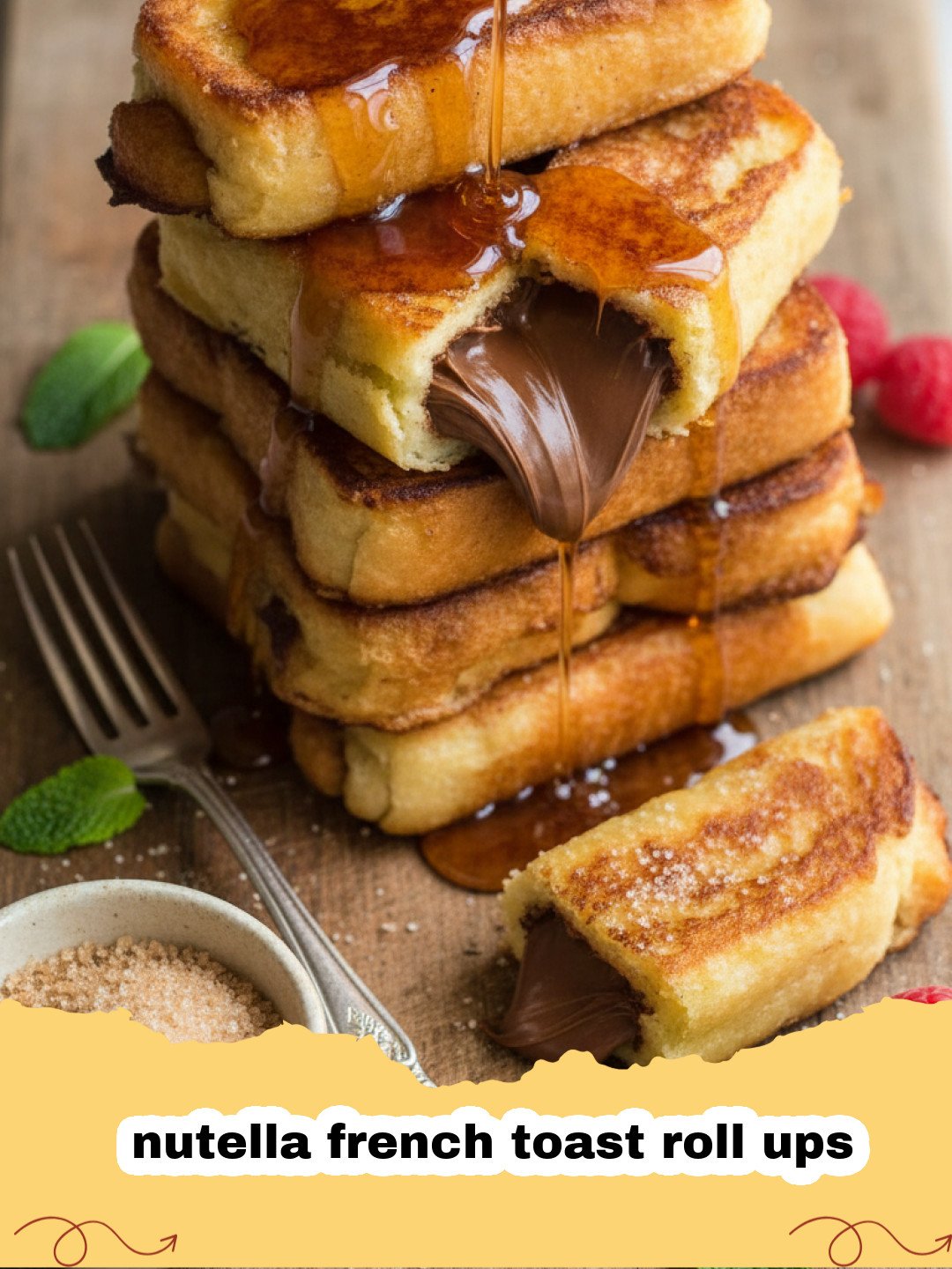 nutella french toast roll ups - A plate of golden brown Nutella French Toast Roll Ups coated in cinnamon sugar.