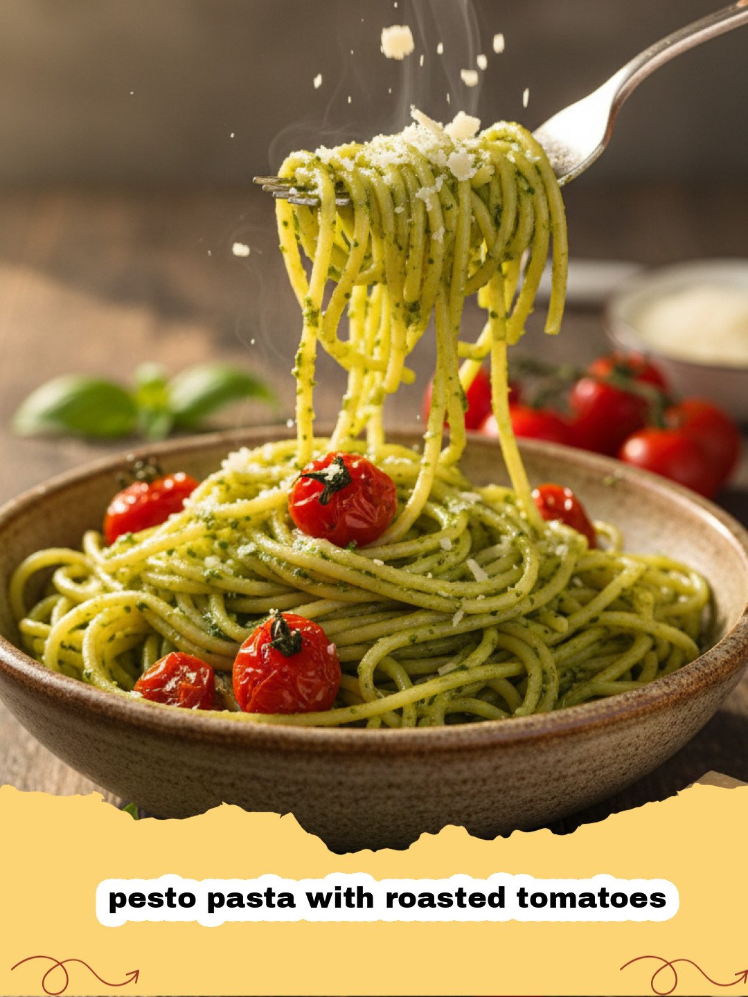 A bowl of pesto pasta with roasted tomatoes and fresh basil