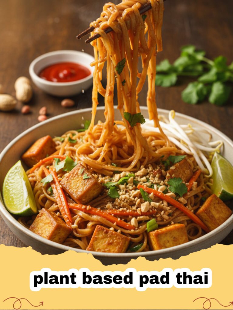 A steaming bowl of plant based pad thai topped with peanuts and lime wedges.