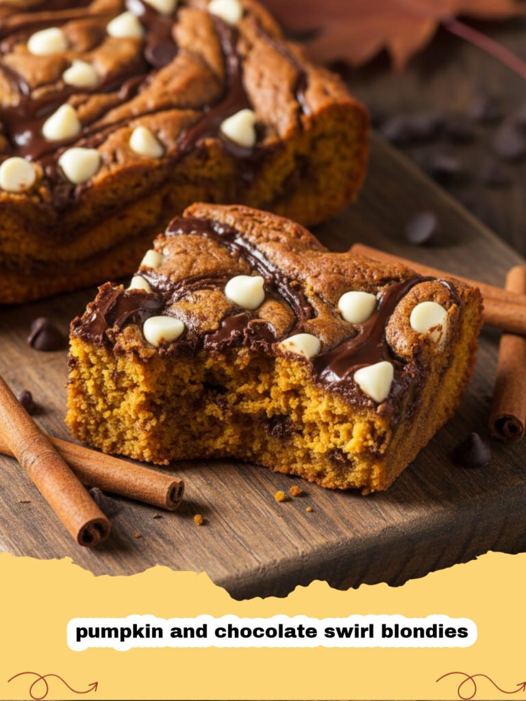 A tray of freshly baked pumpkin and chocolate swirl blondies with a beautiful marbled pattern.