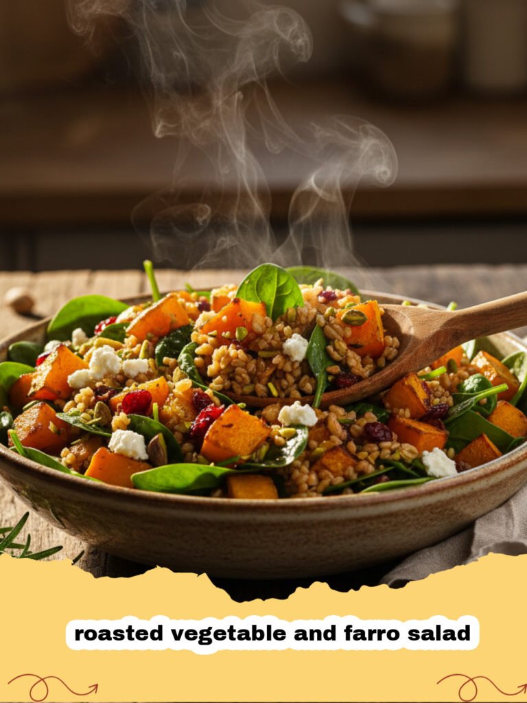 A vibrant bowl of roasted vegetable and farro salad with sweet potatoes, carrots, and greens.
