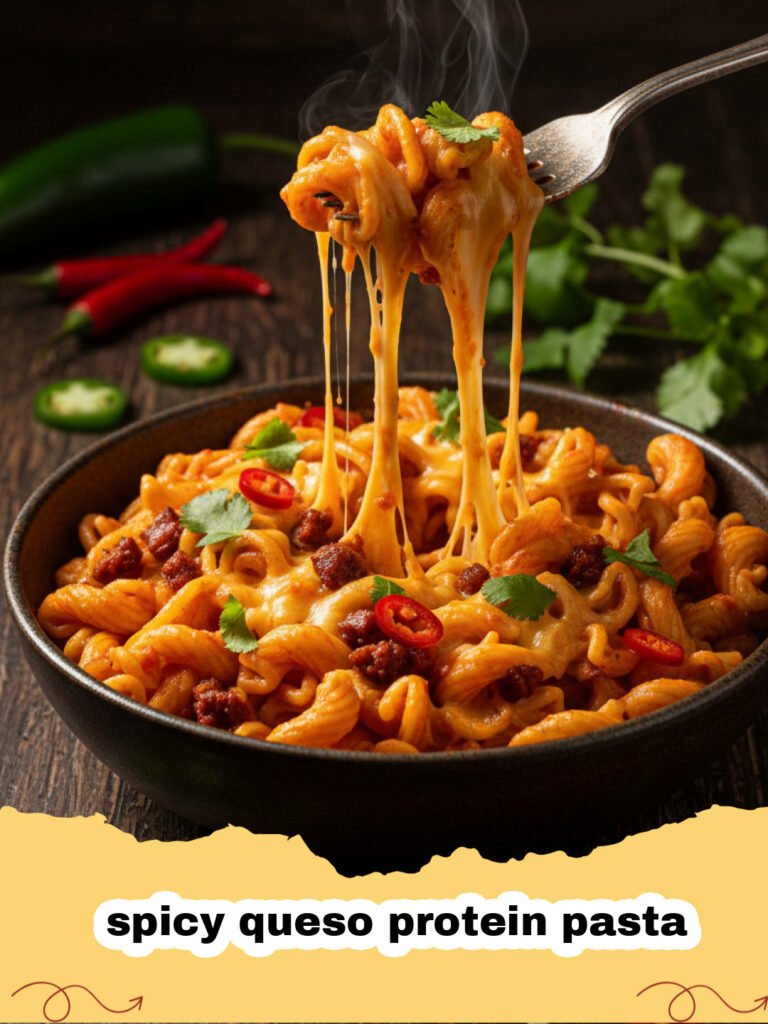 A close up shot of creamy spicy queso protein pasta in a bowl garnished with cilantro