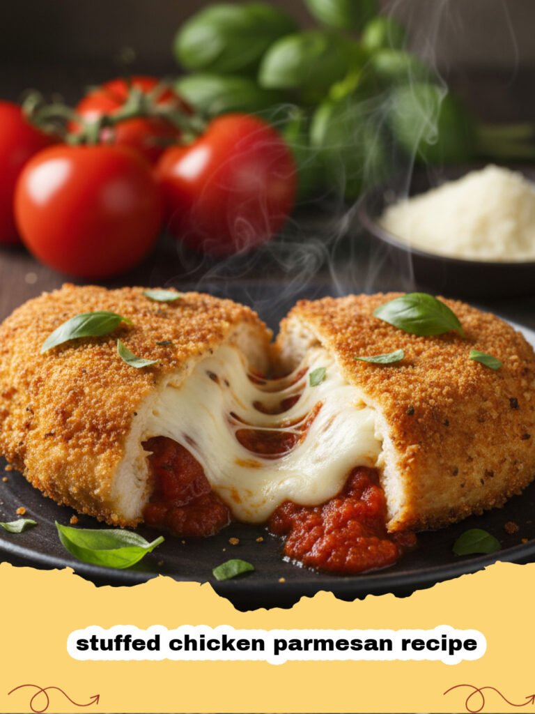 stuffed chicken parmesan recipe - Golden brown stuffed chicken parmesan with melted cheese and marinara sauce