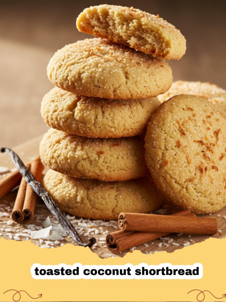 Golden brown toasted coconut shortbread cookies stacked on a wooden board.