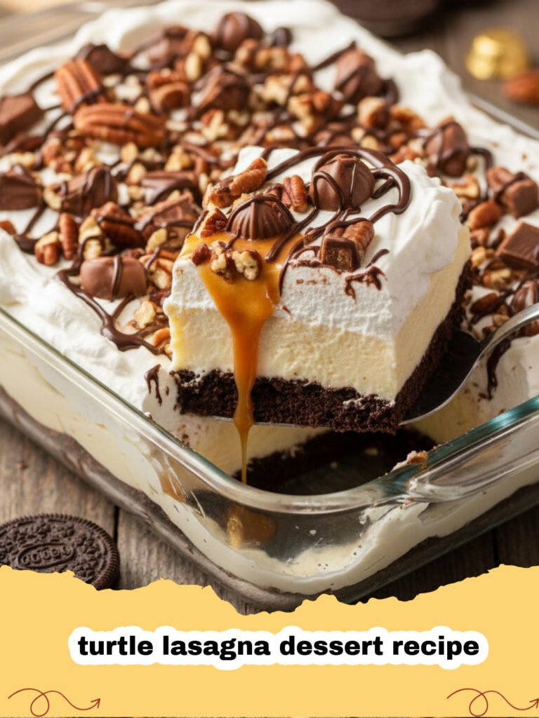 turtle lasagna dessert recipe - A close up shot of a slice of turtle lasagna dessert showing layers of chocolate, cream, and caramel topped with pecans.