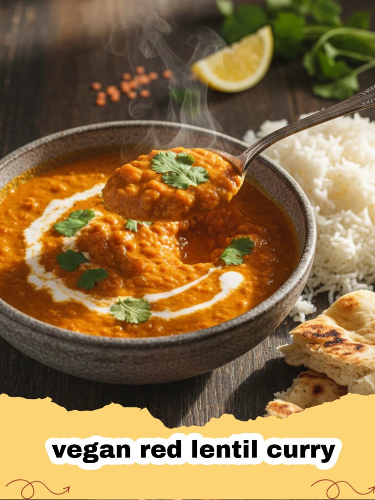 A steaming bowl of vegan red lentil curry garnished with fresh cilantro and a lime wedge.