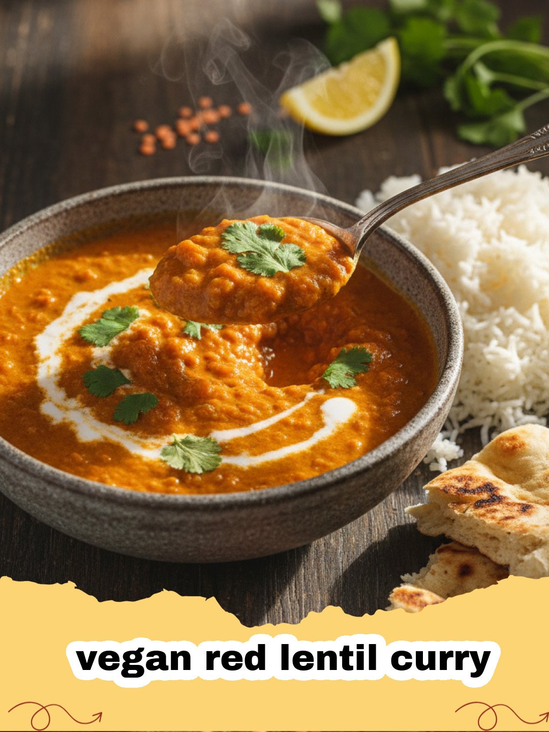 A steaming bowl of vegan red lentil curry garnished with fresh cilantro and a lime wedge.