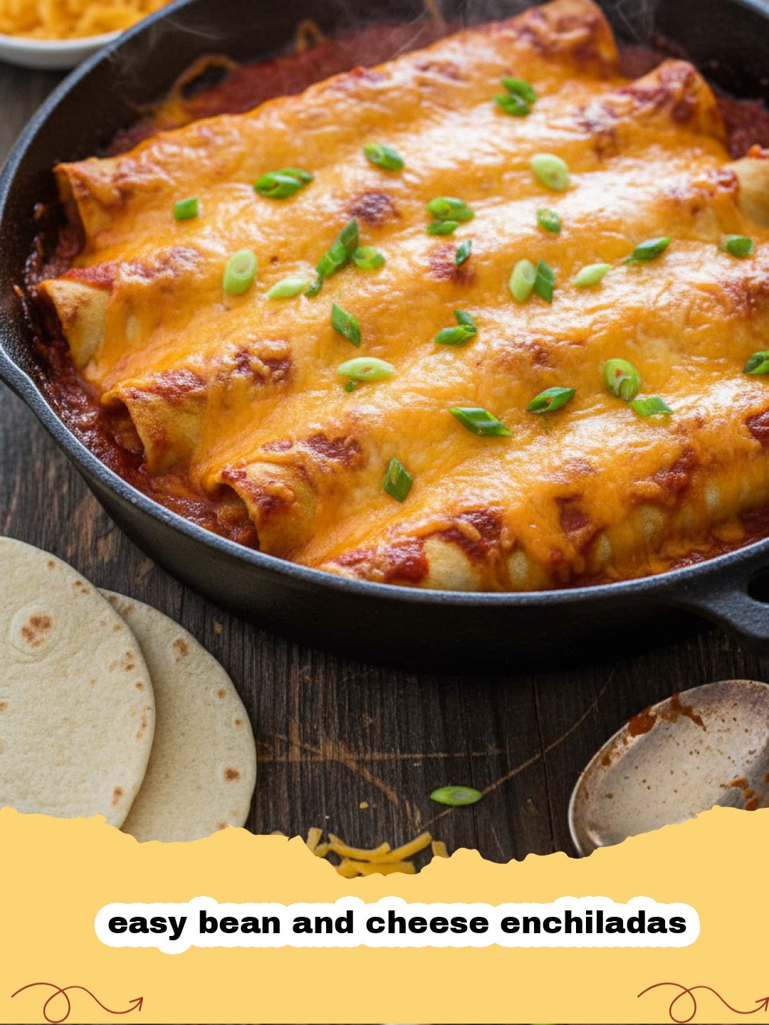 easy bean and cheese enchiladas - A close up of cheesy bean and cheese enchiladas in a baking dish