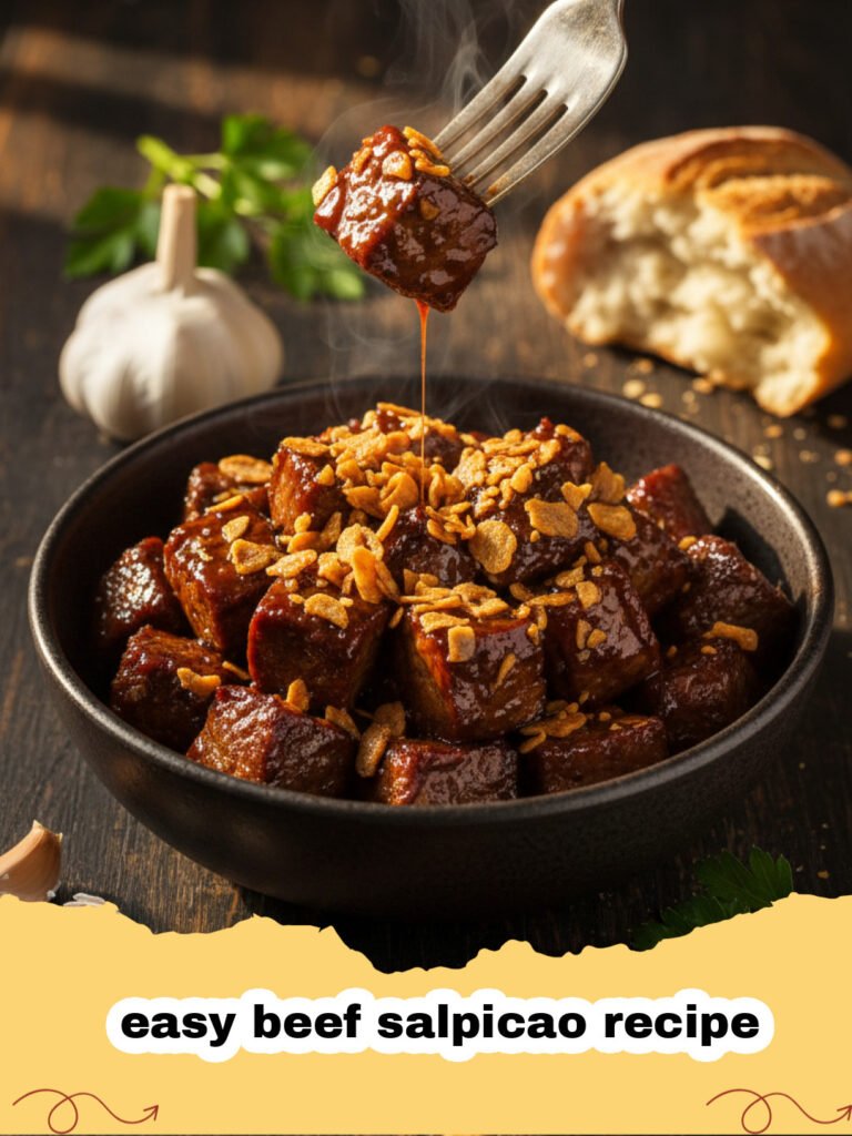 easy beef salpicao recipe - A close up of tender beef salpicao topped with crispy golden garlic chips