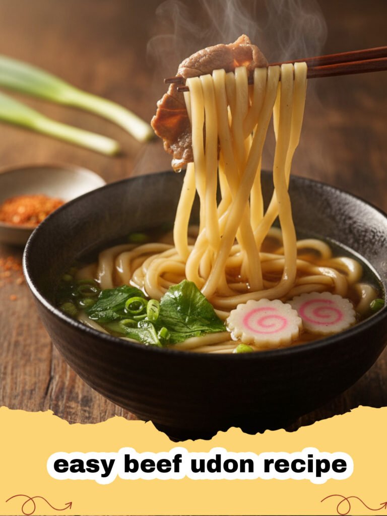 easy beef udon recipe - A steaming bowl of beef udon with green onions and sliced beef