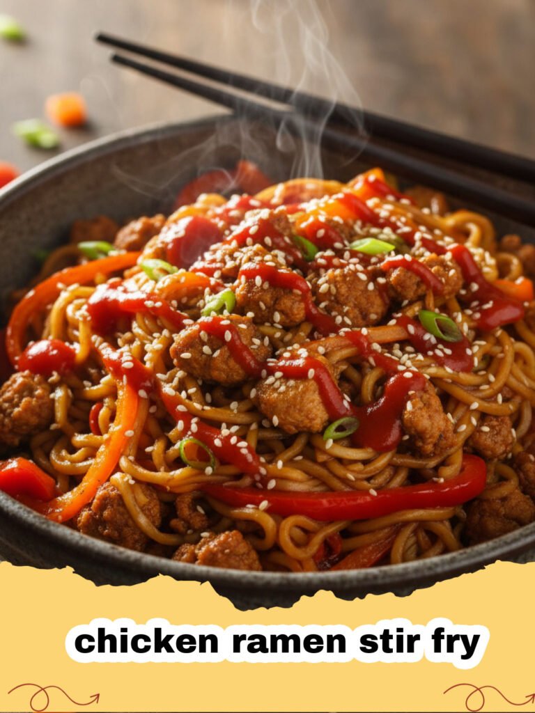 A delicious bowl of chicken ramen stir fry with colorful vegetables and green onion garnish