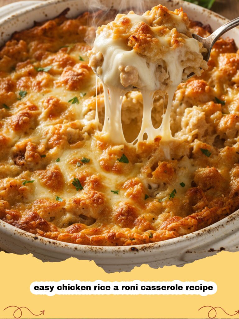 easy chicken rice a roni casserole recipe - A steaming dish of cheesy chicken and rice casserole with broccoli