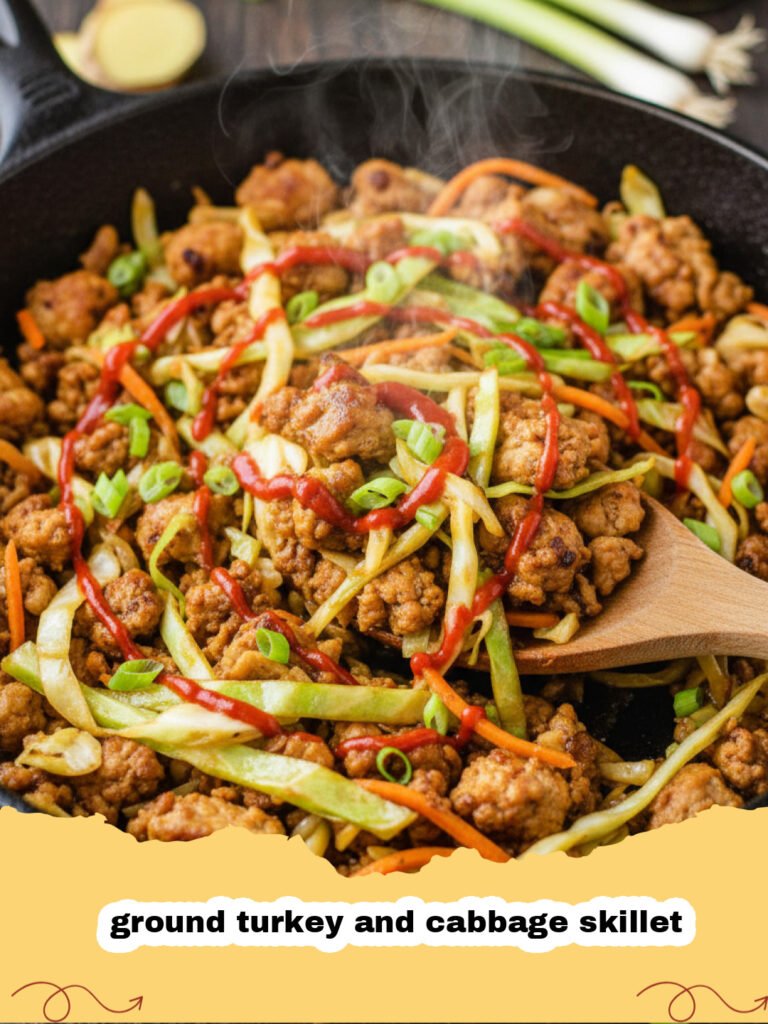 A sizzling ground turkey and cabbage skillet topped with green onions and sesame seeds in a black pan.